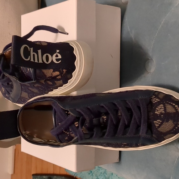 Chloe Navy Blue Lace Sneakers, Size 9, Like New, worn once. box and shoe bags in - Picture 3 of 4